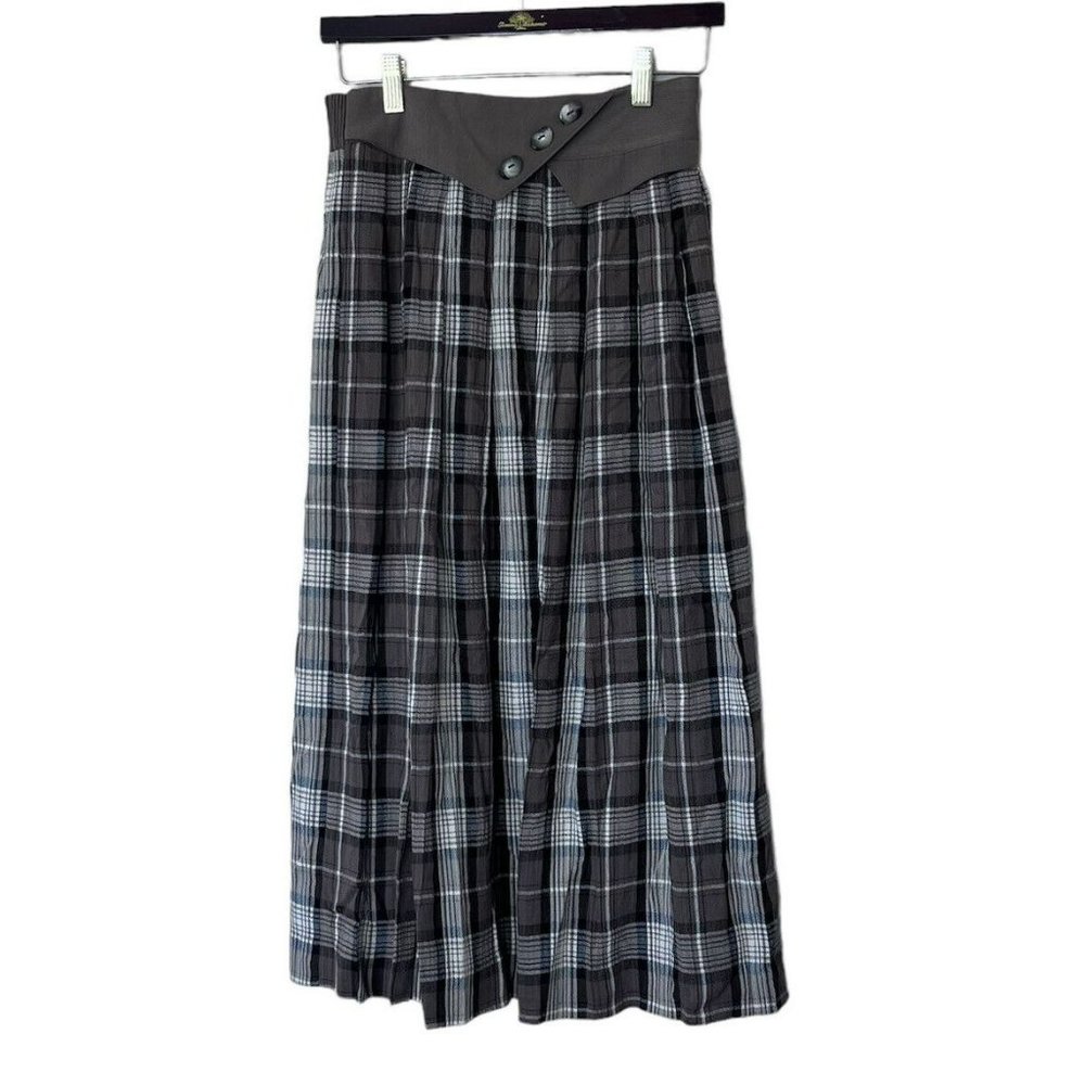 Vintage Skirt Size Small Beige Brown Plaid Midi A Line Retro Button Detail